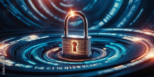 Wallpaper Mural A visual representation of cybersecurity, showing a digital padlock surrounded by firewall graphics and encrypted data, on a dark blue background. Torontodigital.ca