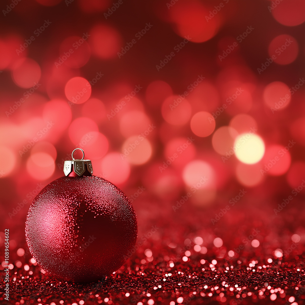 A sparkling red Christmas ornament resting on glittery surface with vibrant bokeh lights in the background. Captures the festive and decorative mood of the holidays. A sparkling red Christmas ornament resting on glittery surface with vibrant bokeh lights in the background. Captures the festive and decorative mood of the holidays.