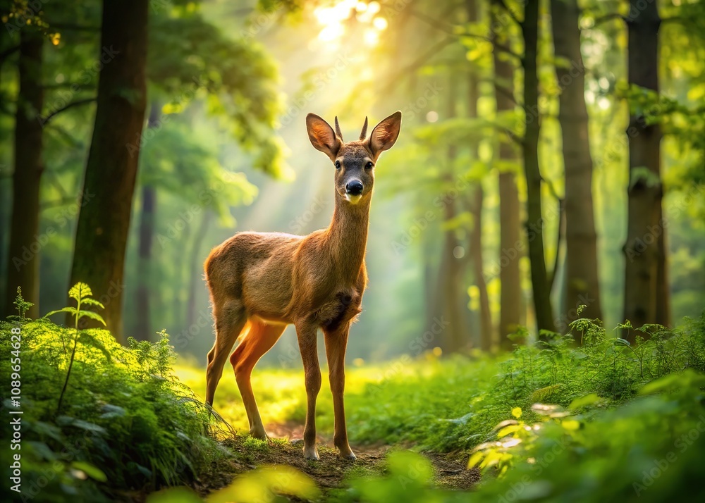 The vibrant greenery of the Rambouillet forest frames a young deer, its gaze fixed on the distant horizon. The vibrant greenery of the Rambouillet forest frames a young deer, its gaze fixed on the distant horizon.