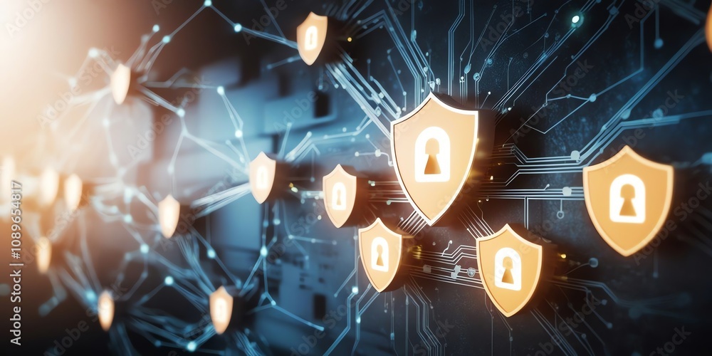 Fototapeta premium An abstract digital network with glowing encryption keys and shield icons, representing strong digital protection across interconnected systems. 10