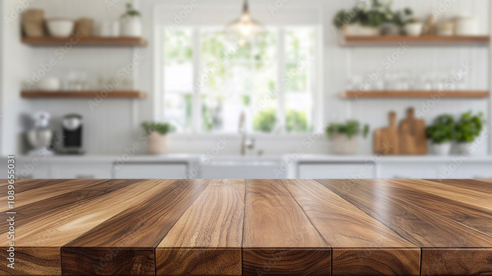 Mockup photo for showcasing the products on a wooden tabletop with a polished natural wood texture, in a light modern kitchen as a blurred background. Mockup photo for showcasing the products on a wooden tabletop with a polished natural wood texture, in a light modern kitchen as a blurred background.