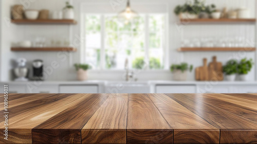 Mockup photo for showcasing the products on a wooden tabletop with a polished natural wood texture, in a light modern kitchen as a blurred background.