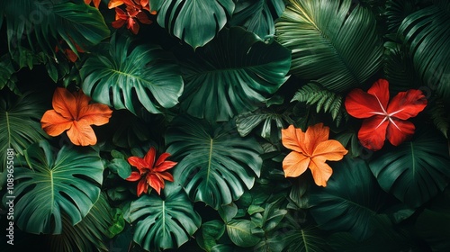 Lush Tropical Foliage With Red And Orange Flowers