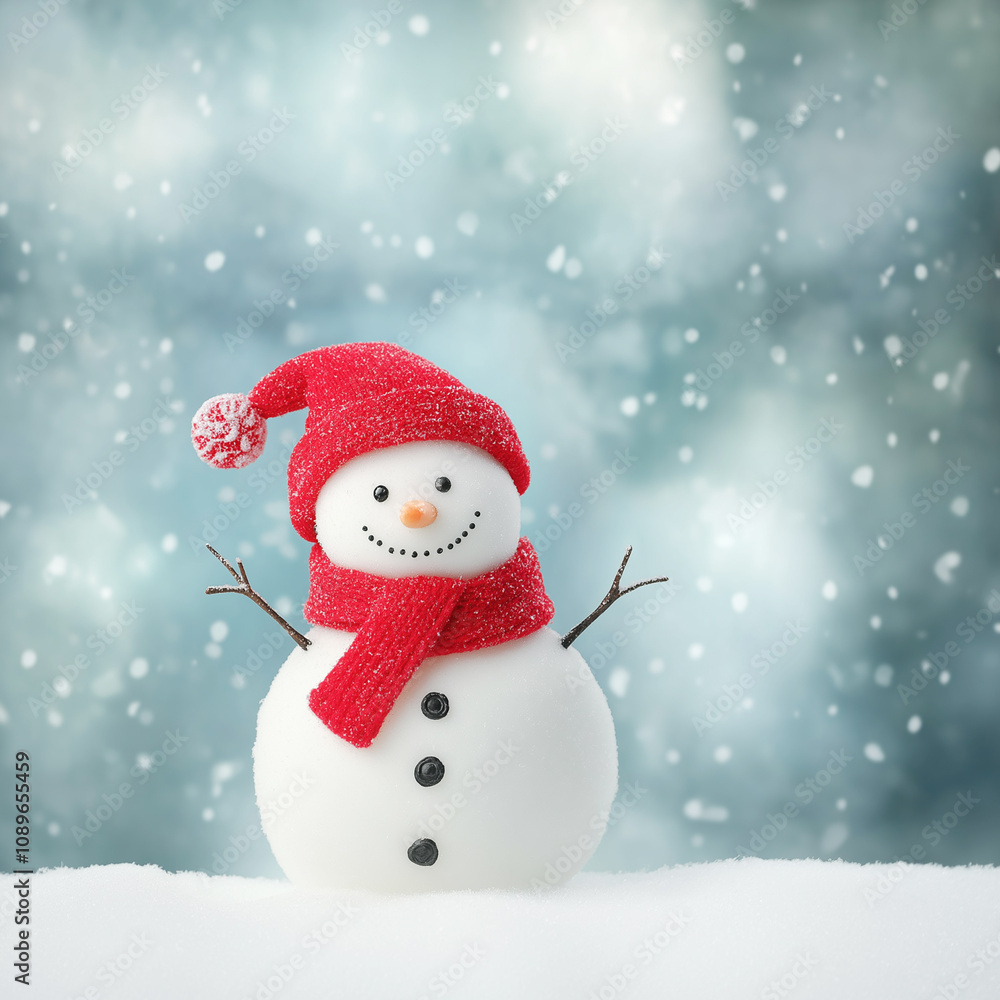Fototapeta premium A small snowman with twig arms and a red scarf smiles cheerfully in the falling snow. This idyllic holiday scene captures the joy of wintertime.