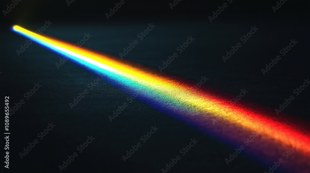 A vibrant rainbow beam of light shining on a dark surface. A vibrant rainbow beam of light shining on a dark surface.