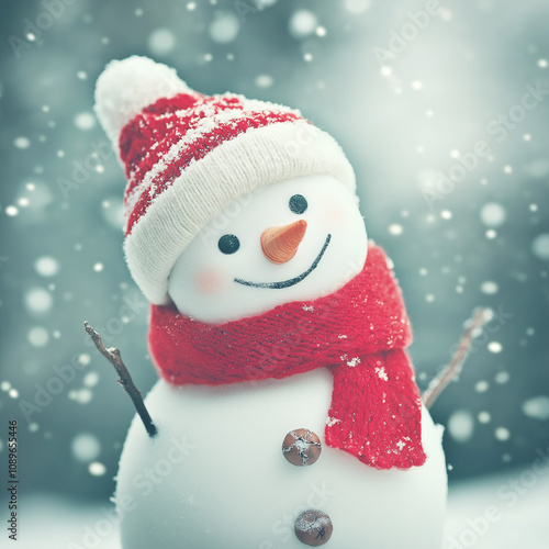 A cute snowman with a red hat and scarf stands in fresh snow. Soft snowflakes fall gently, creating a classic winter scene perfect for the holidays. photo