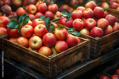 Fresh, juicy red apples neatly stacked in wooden crates at a farmers market or orchard. 