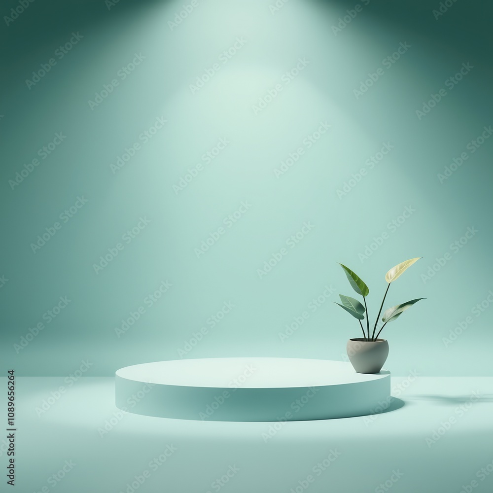 A simple, minimalist green podium with a plant on a blue background. A simple, minimalist green podium with a plant on a blue background.