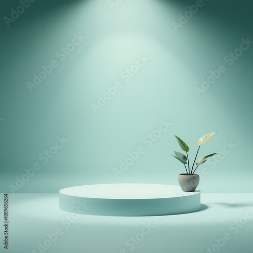 A simple, minimalist green podium with a plant on a blue background.