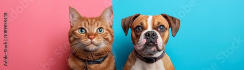side by side portrait of cat and dog, showcasing their unique expressions against vibrant pink and blue backgrounds. cat has striking green eyes, while dog appears attentive and curious