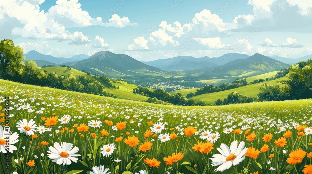 Obraz premium Blooming Daisies Across a Verdant Mountain Valley