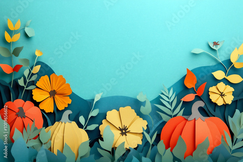 Paper cut orange pumpkins, grass and flowers with space for text in the center. Cut out autumn vegetables garden  landscape composition. Botanical abstract card