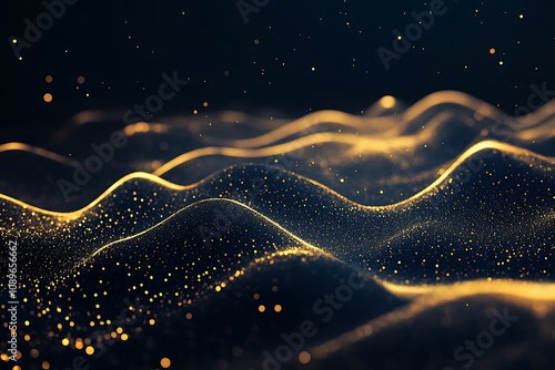 Abstract glowing gold waveforms on a dark navy background