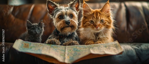 Exploring map together, dog and two cats display curiosity and friendship. This dynamic scene captures essence of adventure and companionship among pets