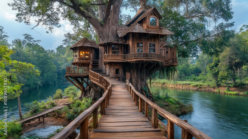 Massive abandoned treehouse with weathered wood textures and mystical appeal Massive abandoned treehouse with weathered wood textures and mystical appeal