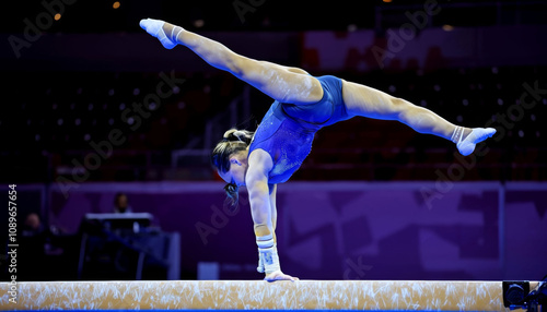 Gymnast performing on balance beam with focus and grace in indoor arena