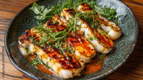 Grilled Seafood Delight with Fresh Herbs and Spicy Sauce Served on a Rustic Plate, Perfect for Gourmet Food Photography and Culinary Representations photo