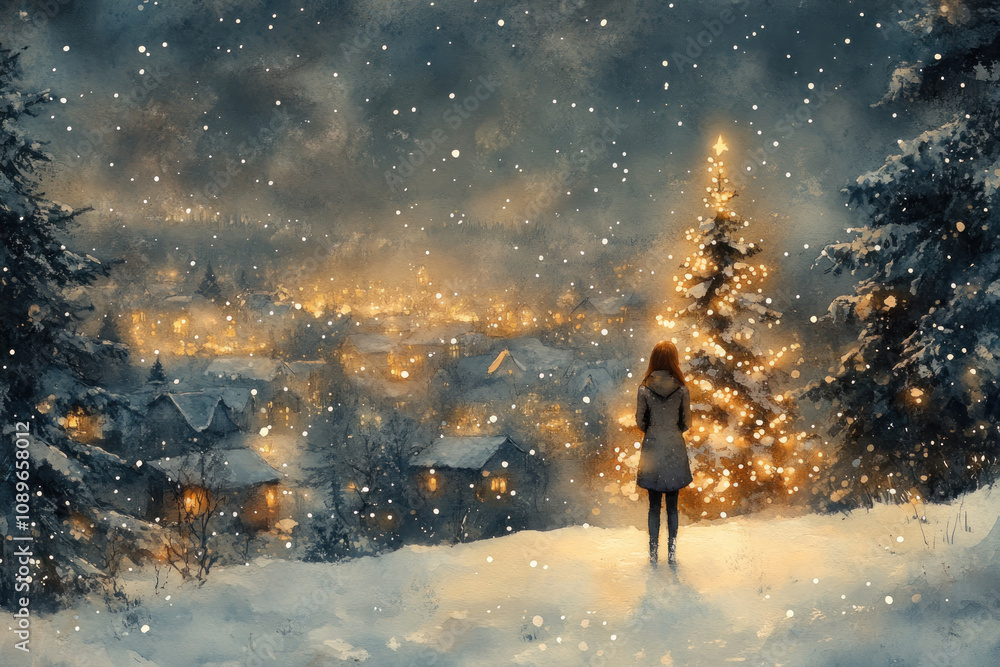 Fototapeta premium winter night in a small town illuminated by warm light. In the foreground stands a woman looking at a decorated Christmas tree shining with lights.