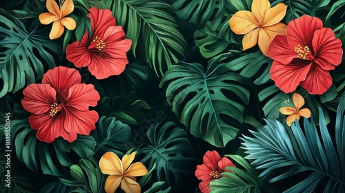Lush Tropical Flowers and Leaves Background Design