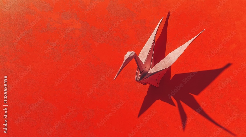 A delicate paper crane sculpture casting a shadow on a vibrant red surface. A delicate paper crane sculpture casting a shadow on a vibrant red surface.
