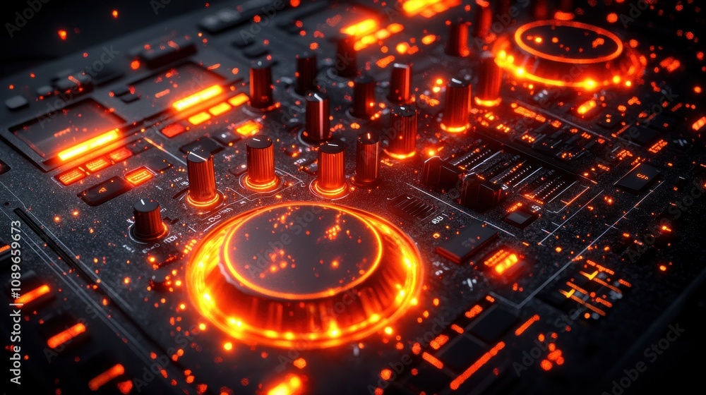 Obraz premium Glowing DJ controller with vibrant orange lights.