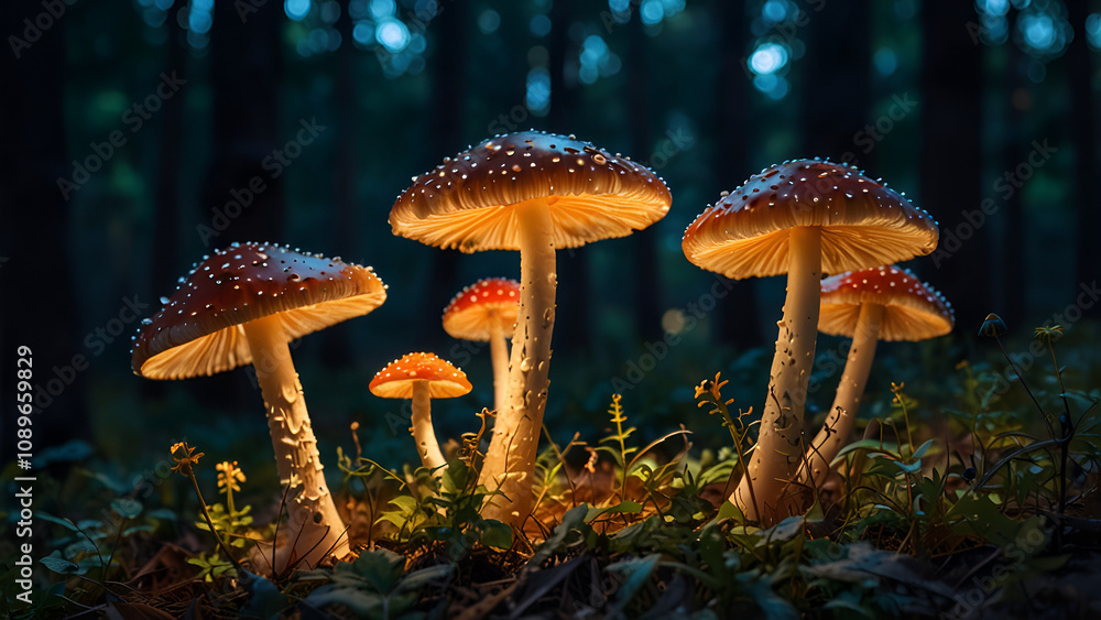 Fototapeta premium AI-generated image of luminous mushrooms in a forest at dusk. stock photo.