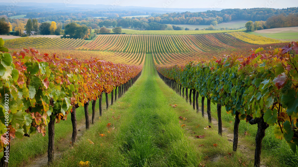 Naklejka premium Lush vineyard landscape with vibrant autumn colors and rolling hills