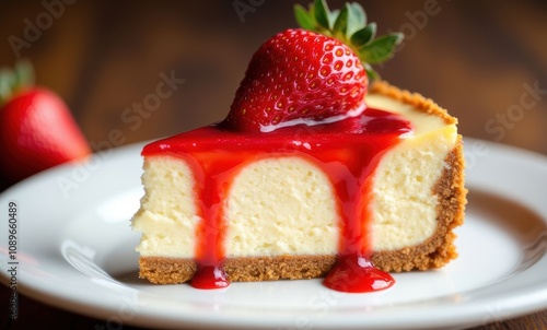 Delicious cheesecake slice with strawberry topping