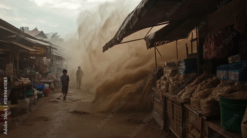 Obraz premium A frame from the video shows dust swirling around an outdoor market stall in Chiang Mai 