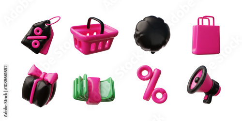 3d Inflatable and plastic elements for decoration on Black Friday sale.