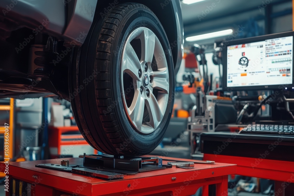 Fototapeta premium Car wheel centering machine adjustment. Auto service mechanic installing wheel alignment sensor on tire during vehicle suspension alignment adjustment