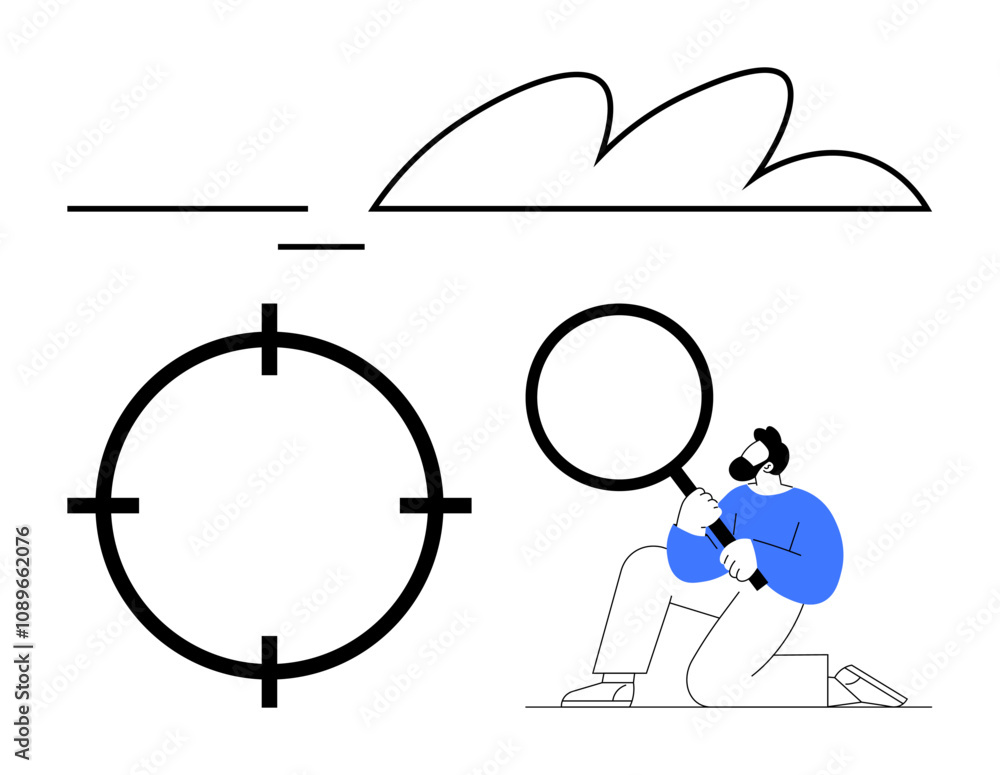 Person kneeling and looking through a magnifying glass towards a large target, with a cloud above. Ideal for analysis, research, focus, strategy, goals, discovery problem-solving. Line metaphor Person kneeling and looking through a magnifying glass towards a large target, with a cloud above. Ideal for analysis, research, focus, strategy, goals, discovery problem-solving. Line metaphor