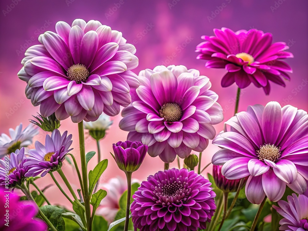 Obraz premium Vibrant purple and white flowers elegantly arranged on a soft pink background, creating a stunning visual harmony ideal for floral design and artistic inspiration.