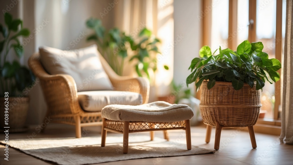 Cozy living room with natural light, plants, and comfortable seating arrangement Cozy living room with natural light, plants, and comfortable seating arrangement