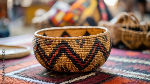 A beautiful woven basket with Native American patterns sits on a craft table among other items