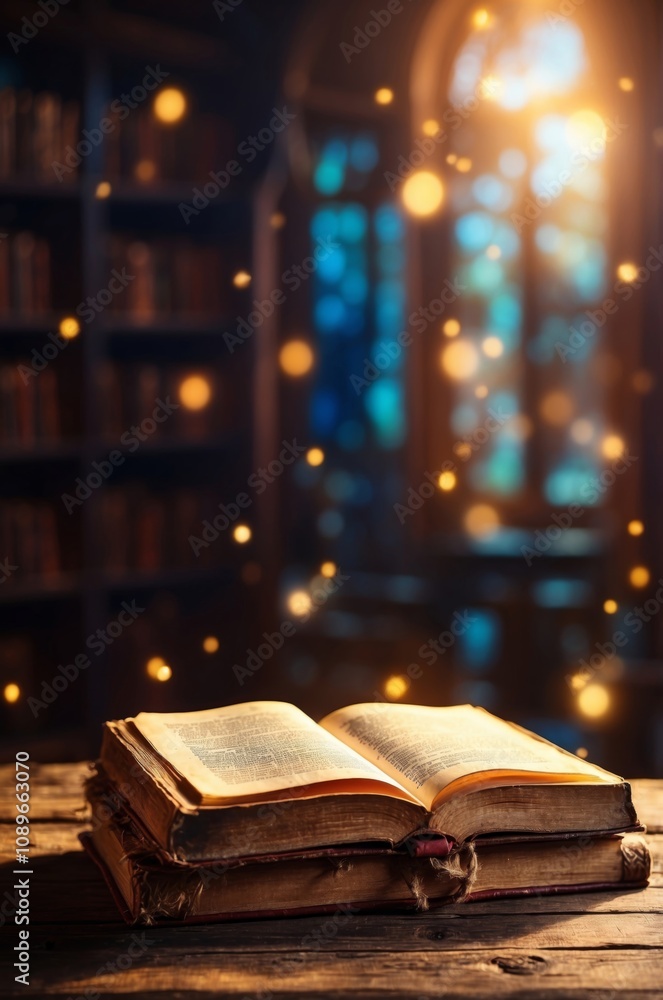 Open book on a wooden table in a dimly lit library with glowing orbs Open book on a wooden table in a dimly lit library with glowing orbs