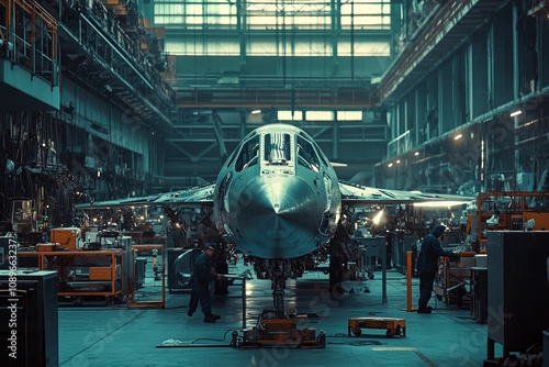 Workers repair a military aircraft in a bustling hangar during late afternoon. Generative AI
