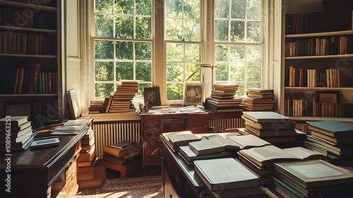 Sunlit library room with stacks of books on tables and shelves.
