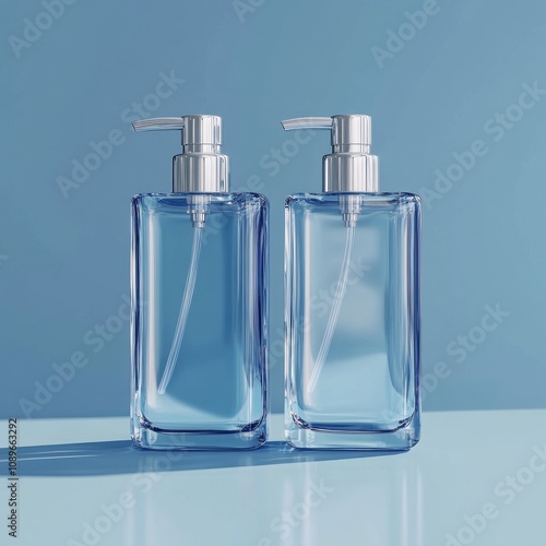 Minimalist Glass Bottles with Chrome Pumps on Blue Background