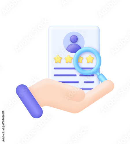 3D Hand is holding CV card illustration. Candidate questionnaire checklist for vacancy. Job search, human resources.