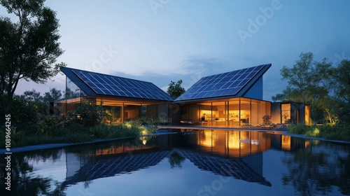 Modern eco-friendly house with solar panel, solar panel reflecting in a serene pond at dusk.