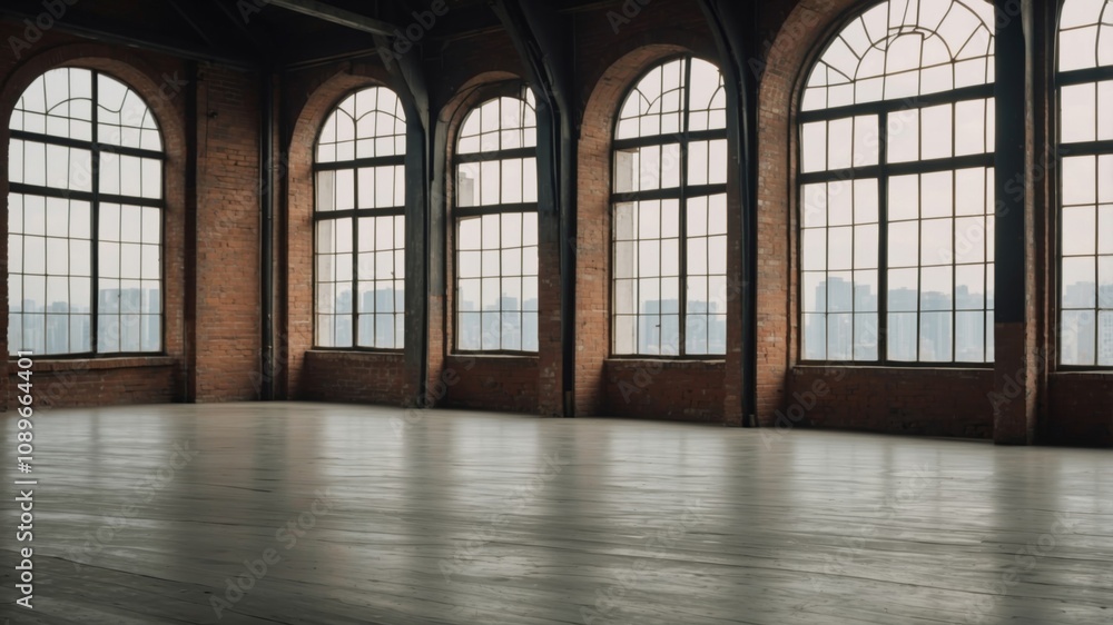 Spacious industrial room with large windows in a historic building near a city skyline Spacious industrial room with large windows in a historic building near a city skyline