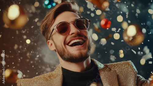 handsome smiling stylish man in golden jacket celebrating New Year party in happy mood wih gold confetti wearing glasses having fun photo