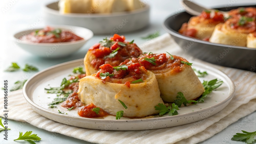 Close-up of gołąbki drenched in thick tomato sauce, served on a black skillet, garnished with parsley. Close-up of gołąbki drenched in thick tomato sauce, served on a black skillet, garnished with parsley.