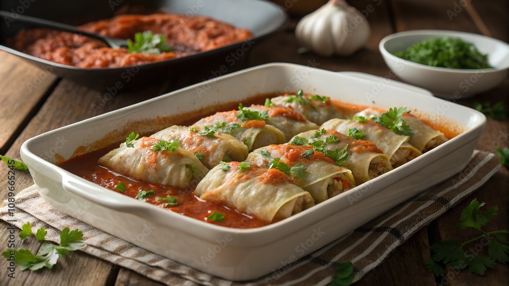Cabbage rolls arranged in a casserole dish, covered in tomato sauce, and garnished with fresh parsley. Cabbage rolls arranged in a casserole dish, covered in tomato sauce, and garnished with fresh parsley.