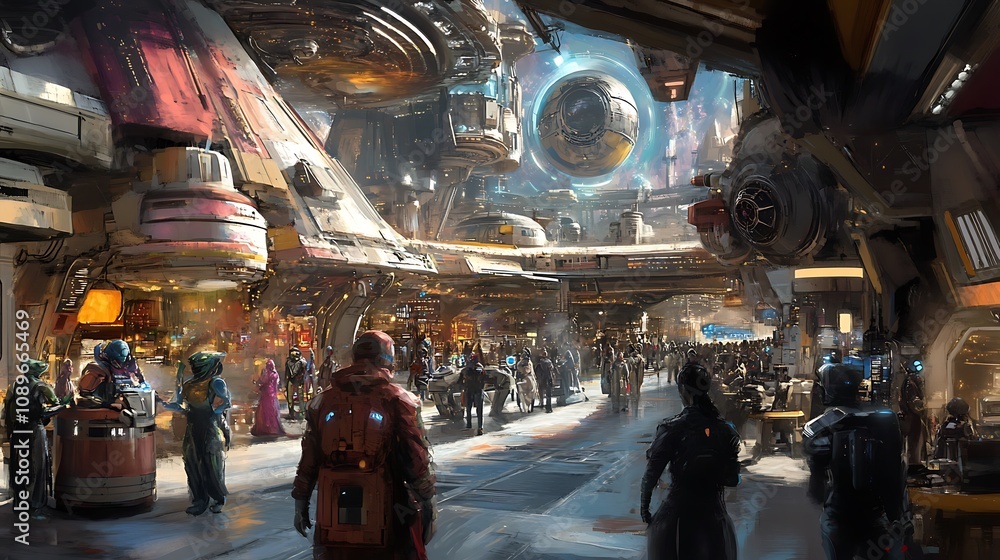 Futuristic marketplace, bustling with diverse alien species and advanced technology. Futuristic marketplace, bustling with diverse alien species and advanced technology.