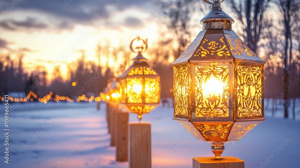 Illuminated lanterns line snowy path at sunset Illuminated lanterns line snowy path at sunset