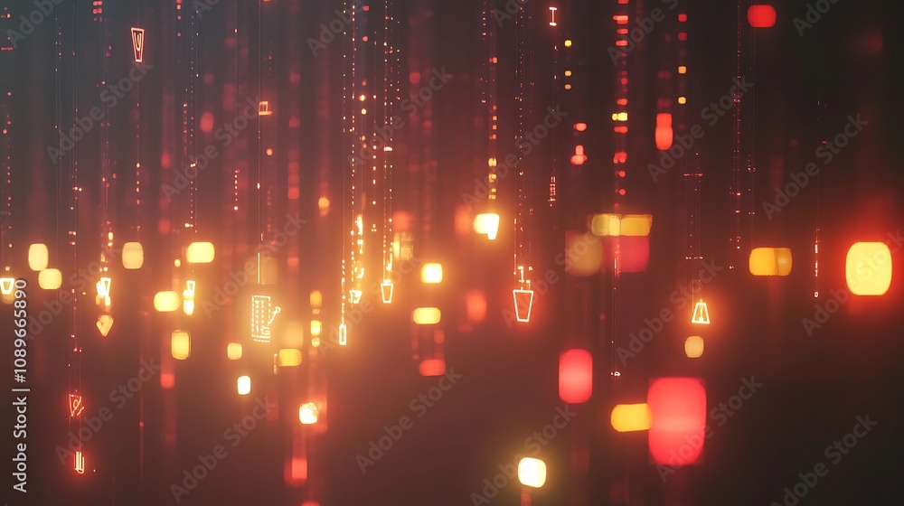Abstract glowing corporate network data streams with floating financial icons Abstract glowing corporate network data streams with floating financial icons