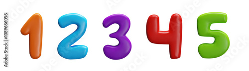 Glossy 3D multicolored 12345 digits, numbers from one to five vector set, volume numeric symbols arithmetic education