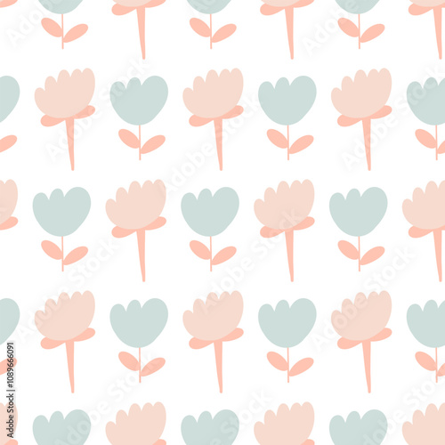 Doodle cute seamless floral boho pattern with peach and pale teal flowers. Naive contemporary minimalistic trendy boho background design for kids. Scandinavian nursery print 